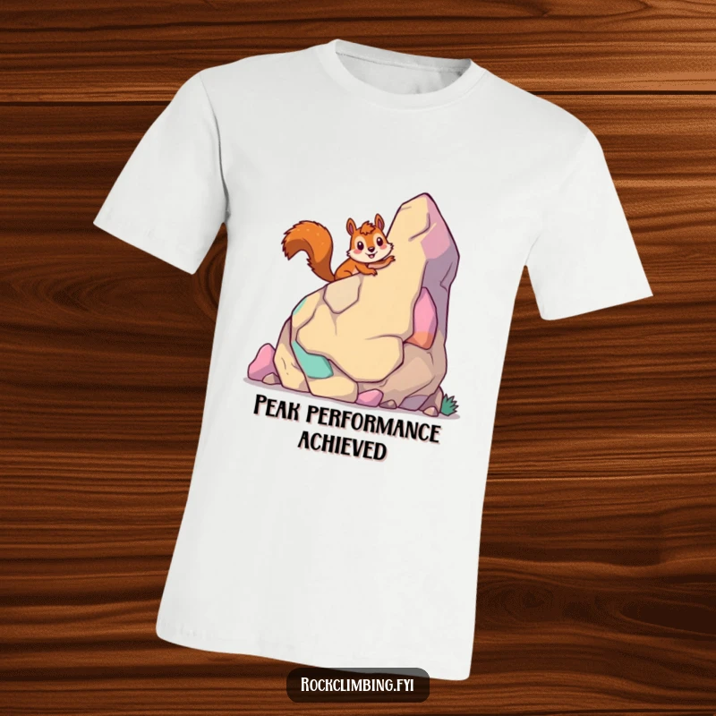 Funny giddy squirrel t-shirt depicting a joyful squirrel scaling a vibrant, cartoonish rock with a huge smile.