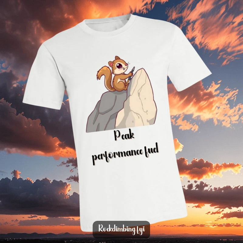 Funny t-shirt featuring a determined squirrel scaling a sheer rock face with miniature climbing tools, showcasing incredible effort.