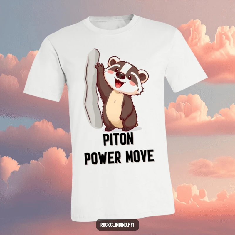 Funny badger with a piton reaching for a high ledge on a t-shirt, depicting an adventurous and humorous outdoor scene.