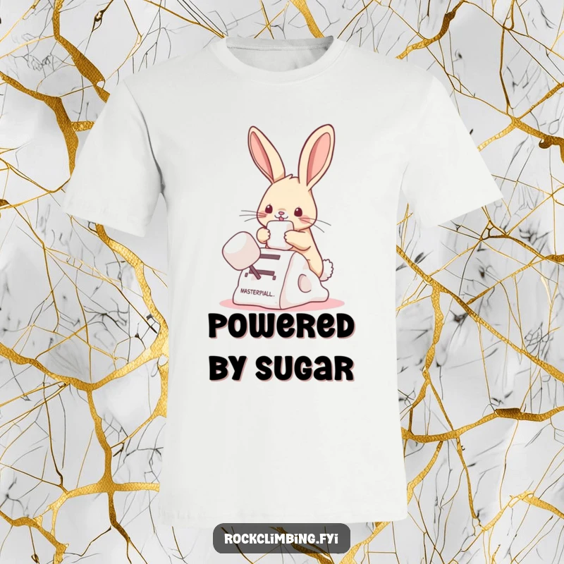 Funny bunny t-shirt of a cute bunny using a marshmallow to climb, highlighting cleverness and adorable humor.