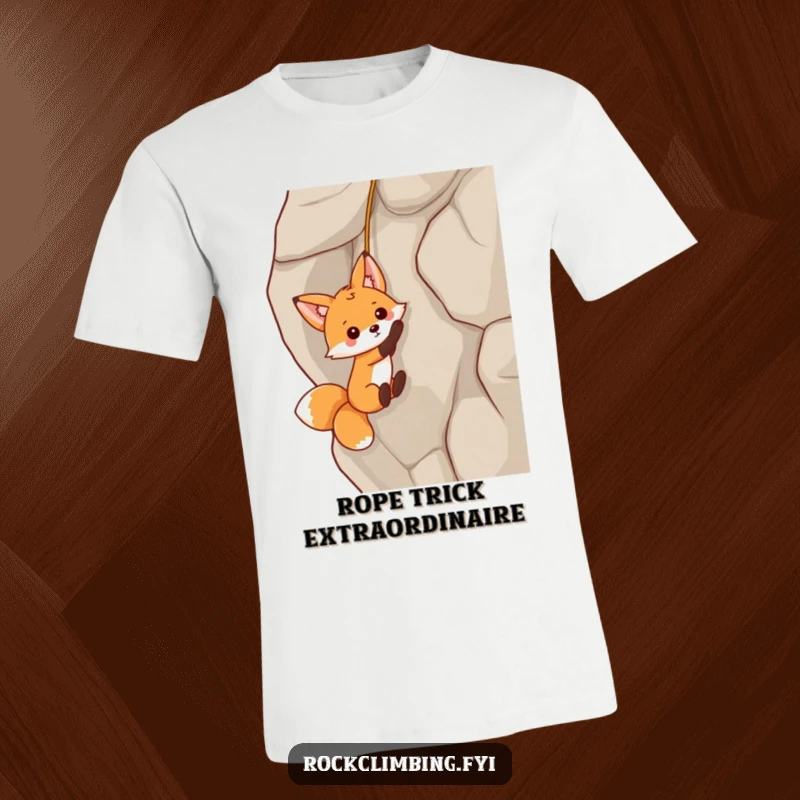Funny fox dangling from a rock face by a small rope on a t-shirt, depicting playful outdoor antics with humor.