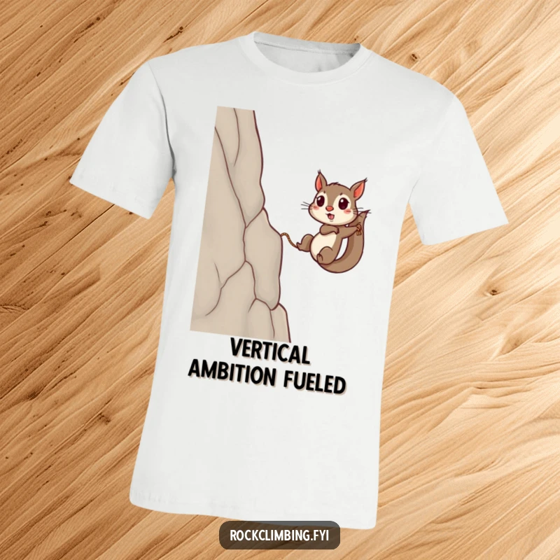 Funny squirrel t-shirt depicting a tenacious squirrel with a rope, pulling itself up a sheer cliff face with great effort.