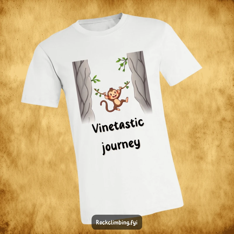 Funny T-Shirt depicting a silly monkey mid-swing on a vine suspended between two rugged rocky mountain peaks, full of energy.