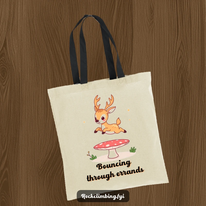Funny tote bag, a deer humorously using a mushroom as a trampoline, showcasing vibrant energy and a comical woodland scene.