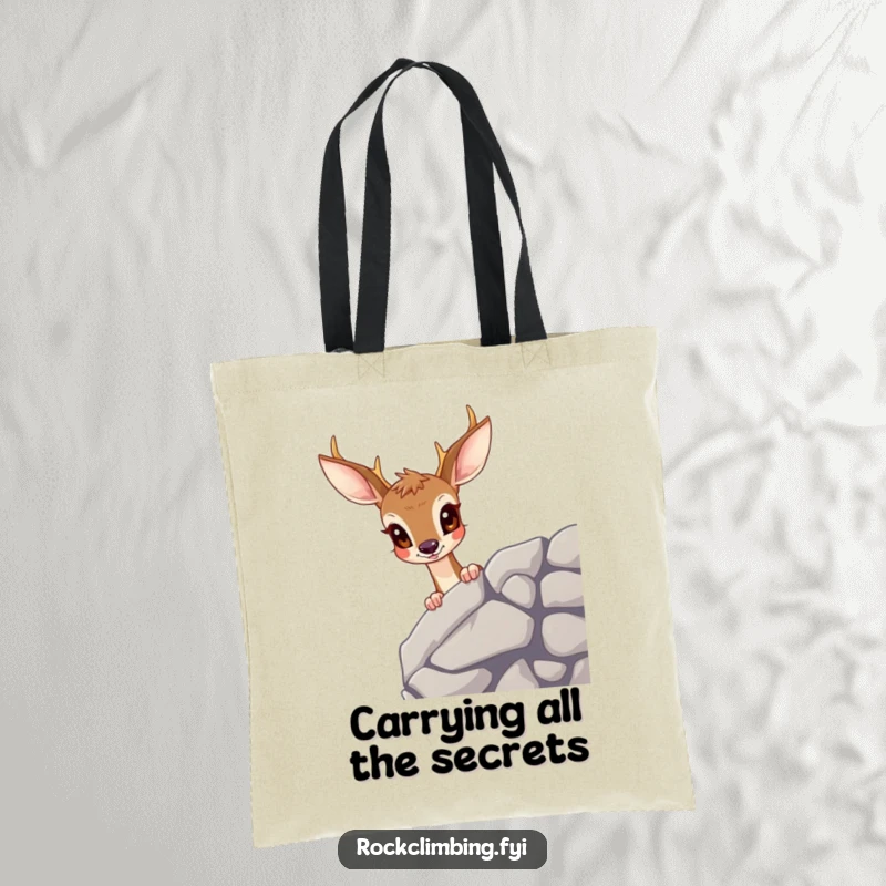 Funny deer tote bag with a curious deer peering over a ledge, ideal for carrying items with a humorous wildlife theme.