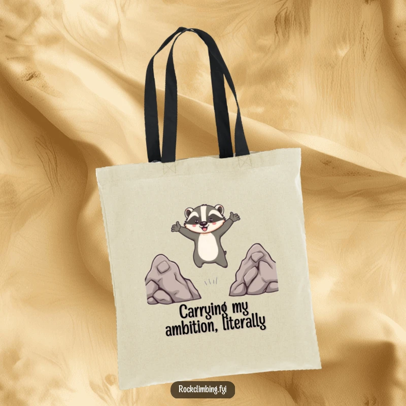 Funny tote bag illustrating a brave badger leaping energetically between rocky ledges, arms spread wide in a humorous, adventurous display.