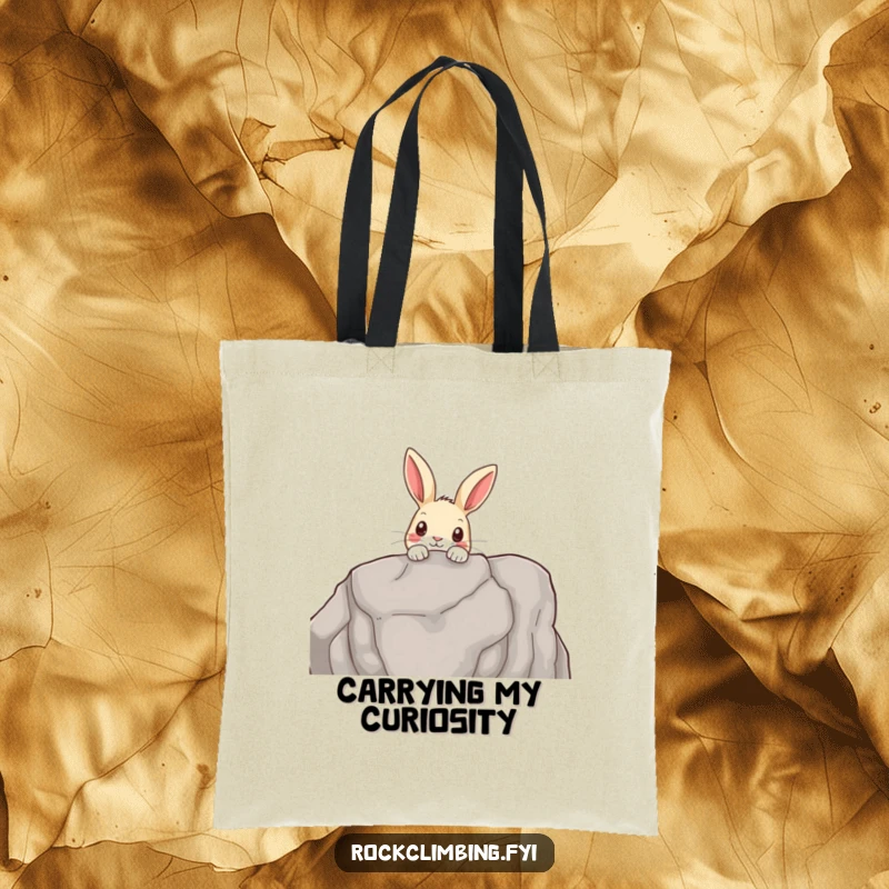 Funny tote bag with a curious rabbit peeking over a rocky outcrop, ideal for carrying essentials with a touch of nature's charm.