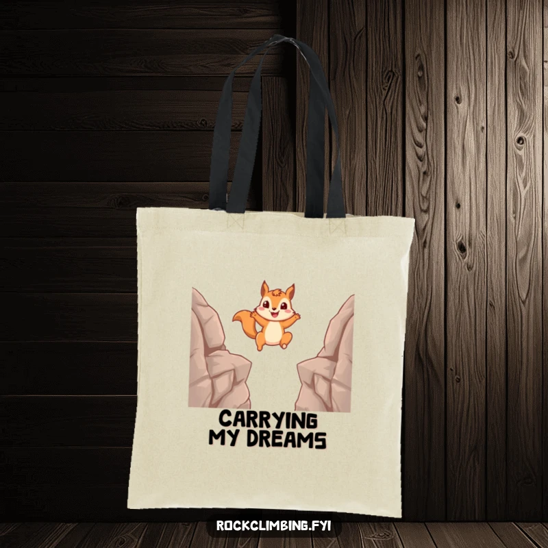 Funny squirrel tote bag illustrating a determined squirrel leaping across a gap, perfect for carrying gear with humor.