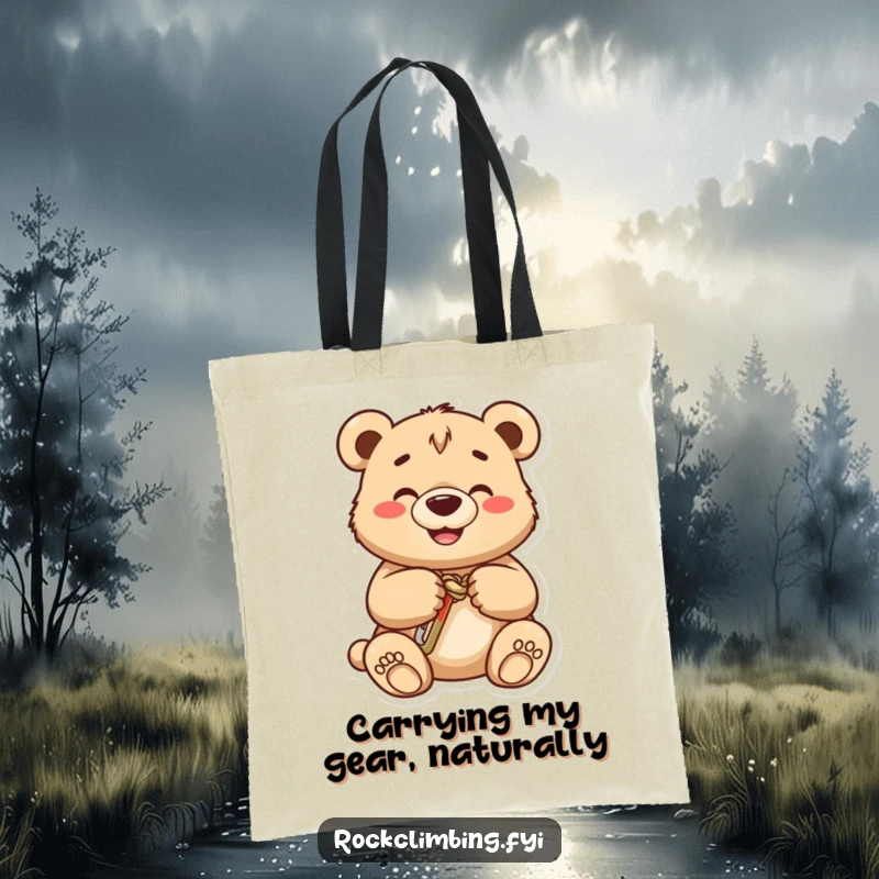 Funny bear cub tote bag, a happy cub demonstrates knot-tying prowess by placing a carabiner on a secure knot.