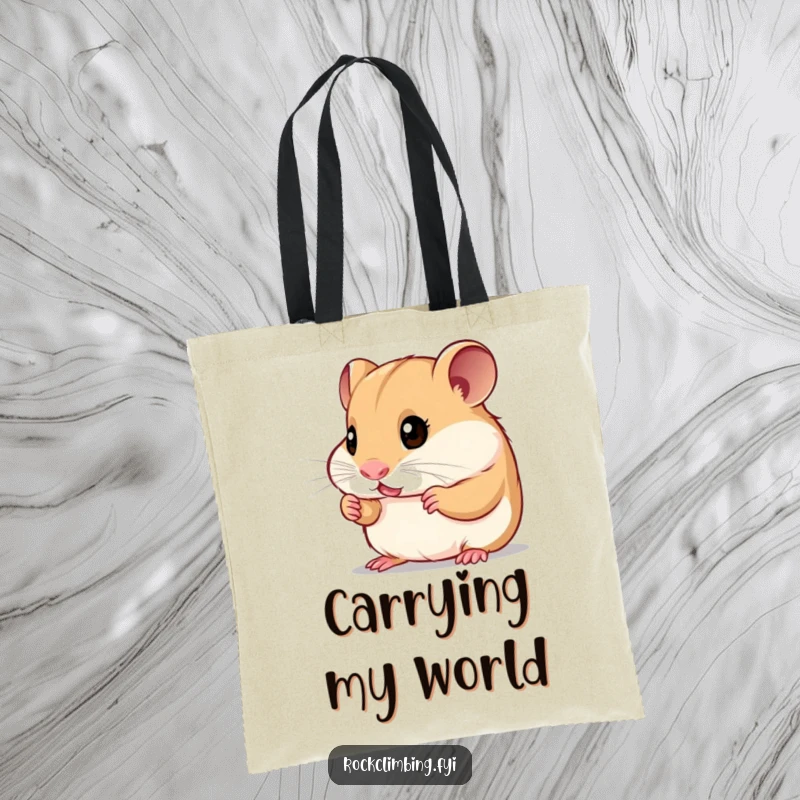 Funny curious hamster tote bag featuring a small rodent examining tiny handholds, ideal for carrying items with a sense of adventure.