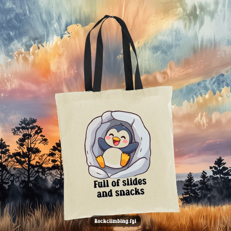 Funny joyful penguin tote bag featuring a happy bird sliding down a rock, ideal for carrying groceries with a smile.