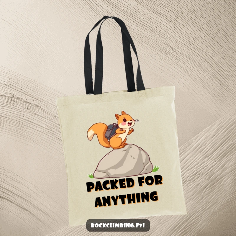 Funny joyful squirrel with a tiny backpack, ascending a large rock, on a practical and humorous tote bag.