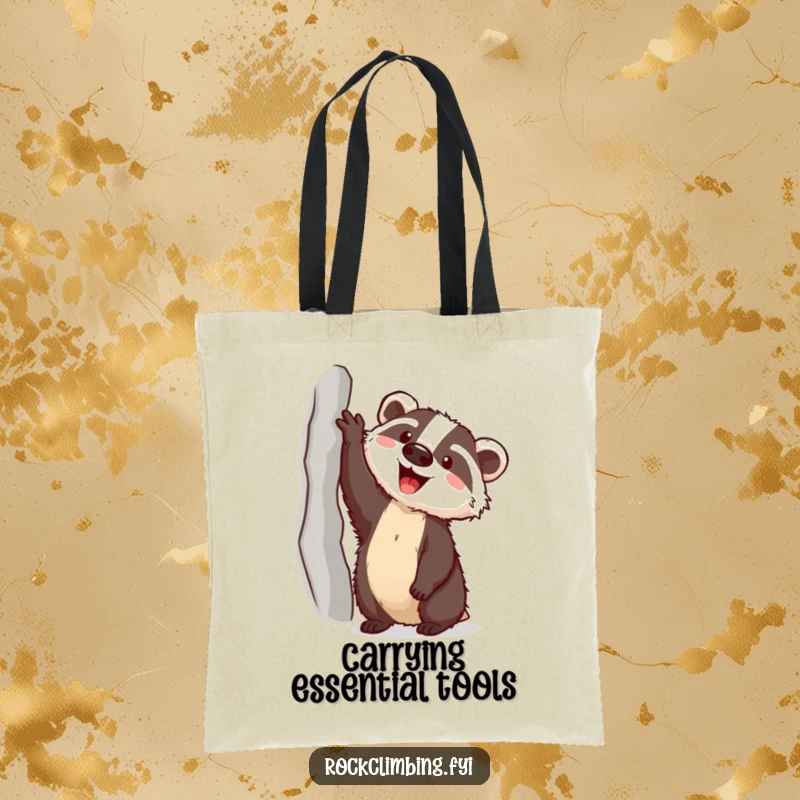 Funny badger illustration with a piton reaching for a ledge on a durable tote bag, ready for any excursion.