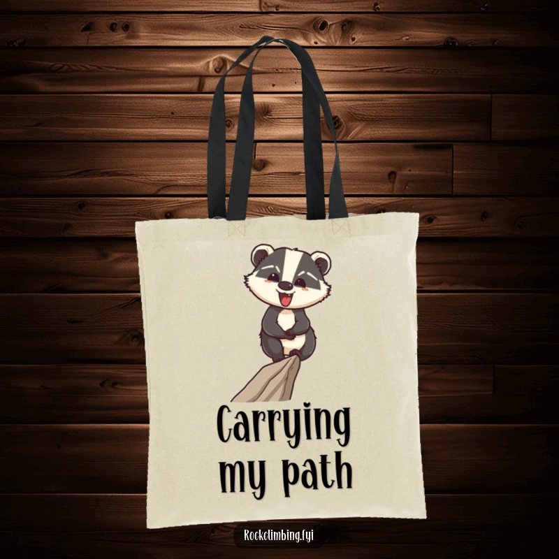 Funny tote bag featuring a cheerful badger expertly navigating a narrow ledge, a humorous and practical accessory.