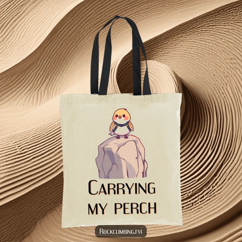 Funny bird harness tote bag showing a small bird in a harness on a high rock. Stylish and humorous, perfect for carrying items.