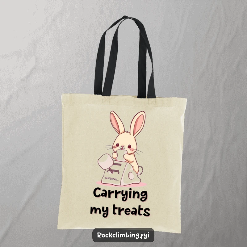 Funny bunny tote bag with a bunny climbing a marshmallow, perfect for carrying items with a sweet and humorous touch.