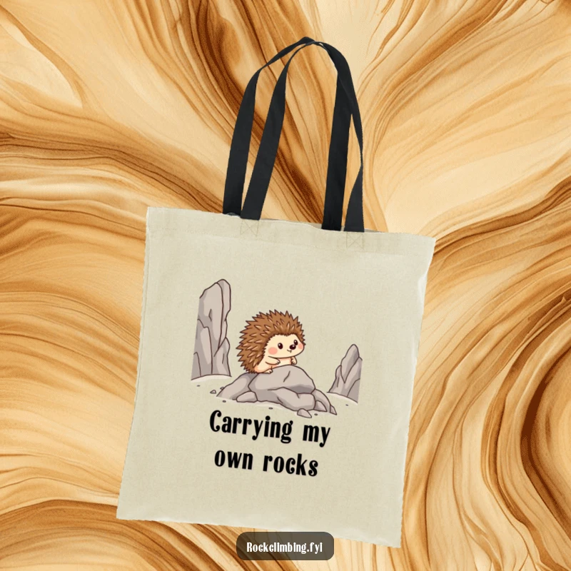 Funny tote bag with a brave hedgehog sidestepping across rocks, looking pleased with its clever navigation.