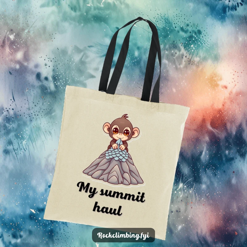 Funny Tote Bag showing a cute monkey with bright eyes scaling a miniature mountain peak, a charming and practical accessory.
