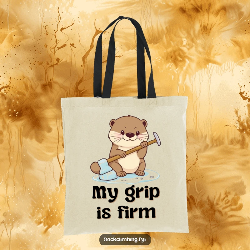 Funny Tote Bag illustrating a focused otter using a miniature ice axe to maintain a secure grip, perfect for carrying daily items.