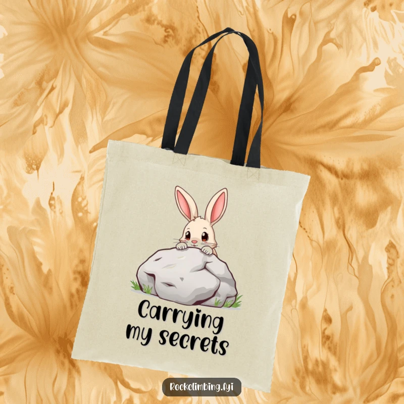 Funny Tote Bag showcasing a curious rabbit with a determined expression, peeking over a large boulder, great for shopping or errands.