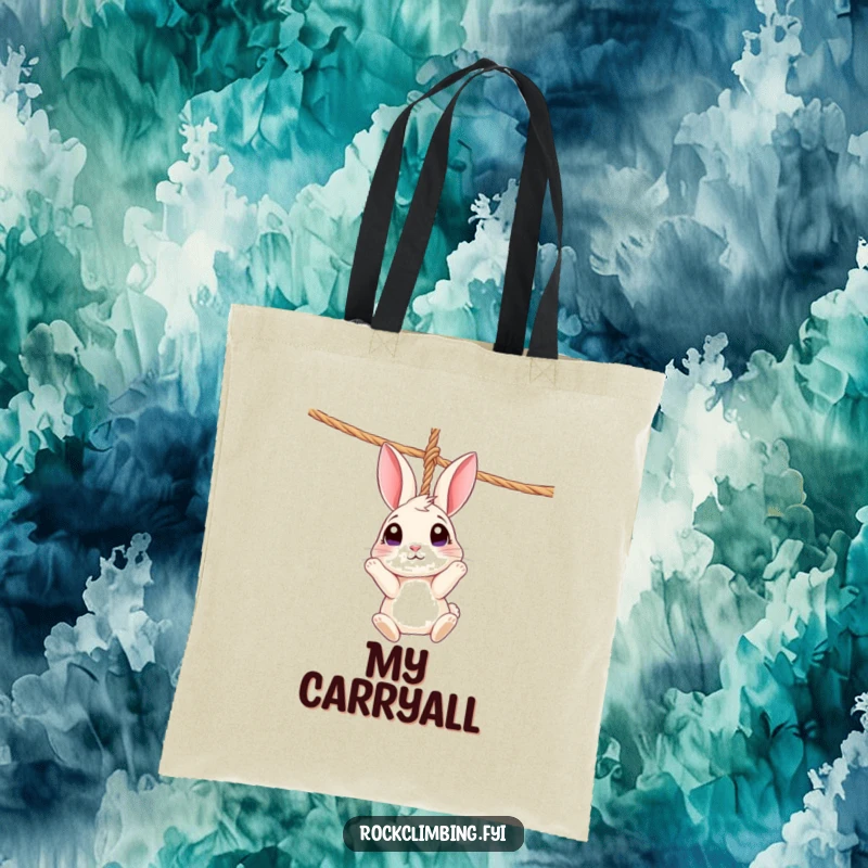 Funny Rabbit Rope Tote Bag: A curious rabbit dangles from a rope, wide-eyed and looking up, whimsical design.