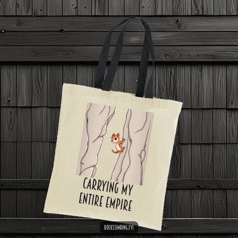 Funny squirrel tote bag, depicting a determined squirrel scaling a sheer cliff face, ready for any adventure with its tiny, mighty claws.