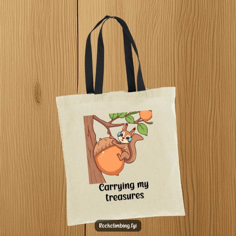 Funny squirrel character in climbing attire ascending a large acorn, on a practical tote bag.