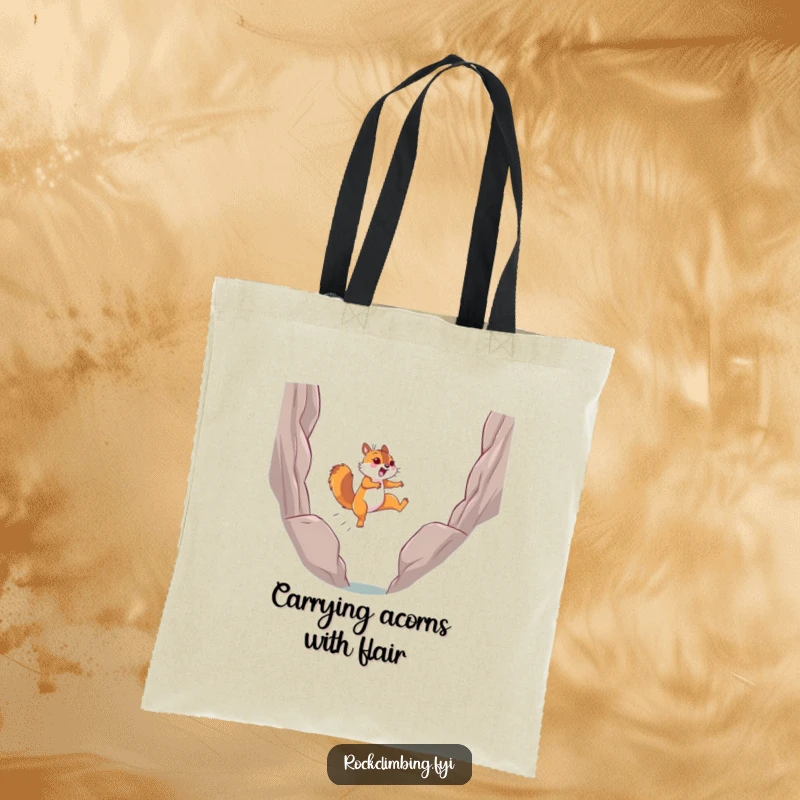 Funny determined squirrel leaping joyfully mid-air across a chasm on a durable tote bag.