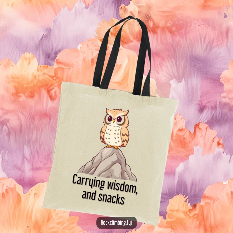 Funny owl tote bag with a proud bird surveying a rocky peak, perfect for carrying books or groceries with a humorous flair.
