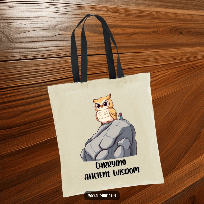 Funny wise owl perched on a rocky outcrop, observing a climber with amusement on a durable tote bag.