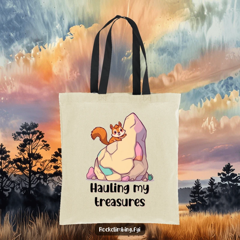 Funny giddy squirrel tote bag with a smiling squirrel scaling a giant, colorful cartoon rock, perfect for adventures.