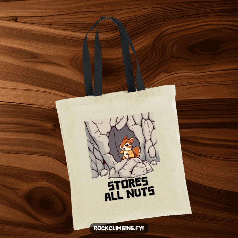 Funny chipmunk rock tote bag with a chipmunk navigating a jagged rock formation. Humorous and practical for carrying items.
