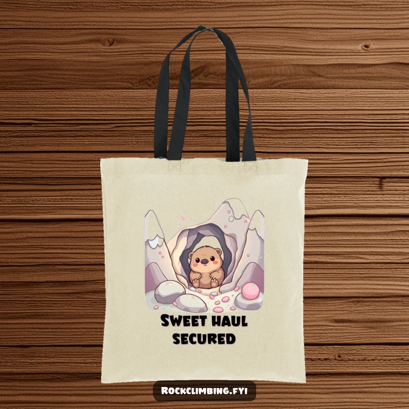 Funny tote bag featuring a curious mole peeking from a hole in a candy mountain, ideal for shopping and carrying sweet treats.